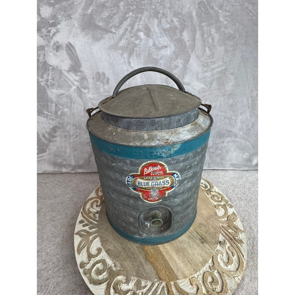 Vintage Belknap Blue Grass 2 Gallon Galvanized Water Cooler Jug Spout Lid Handle